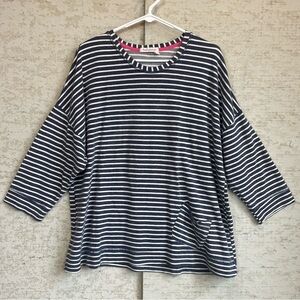 Fresh Produce Navy Blue/White Stripe French Terry Top Sz OS Nautical Coastal